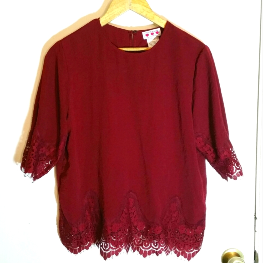 Three Pink Hearts lace trim wine red half sleeve blouse